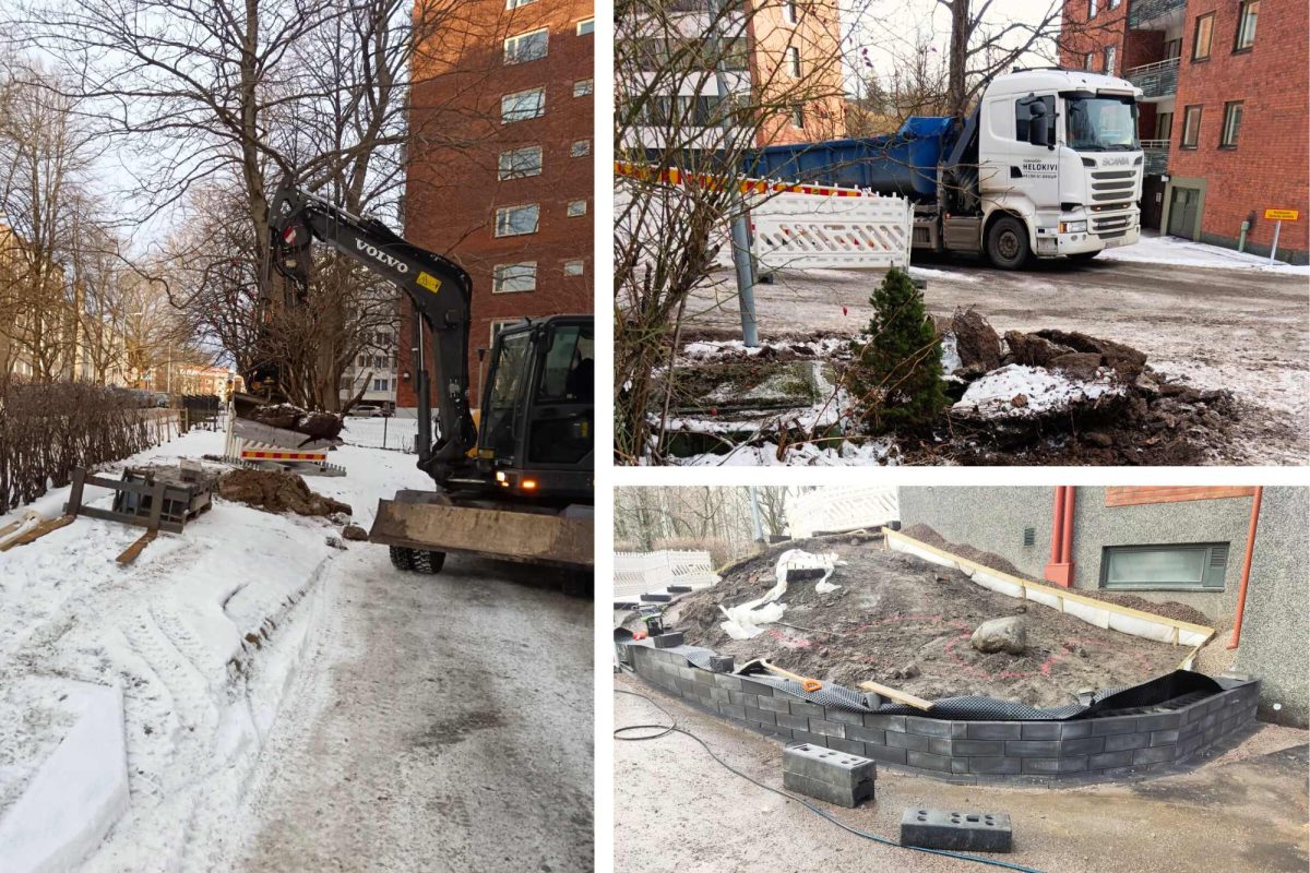 Kuvakollaasi työmaasta.