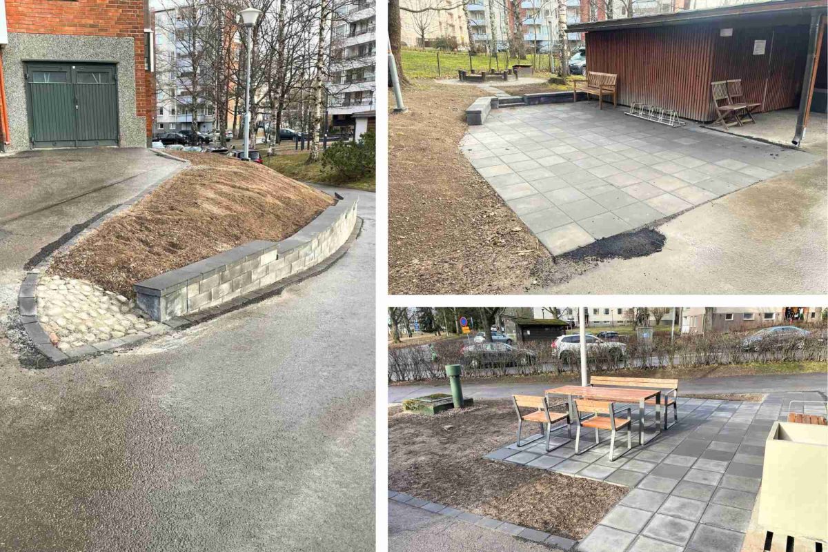 Kuvakollaasi valmiista pihasta.